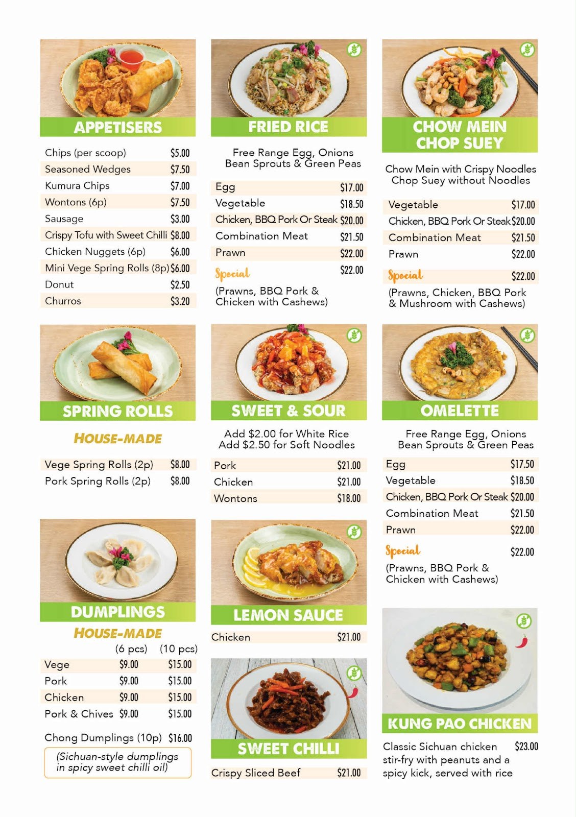 Printed takeaway menu with photographs and prices